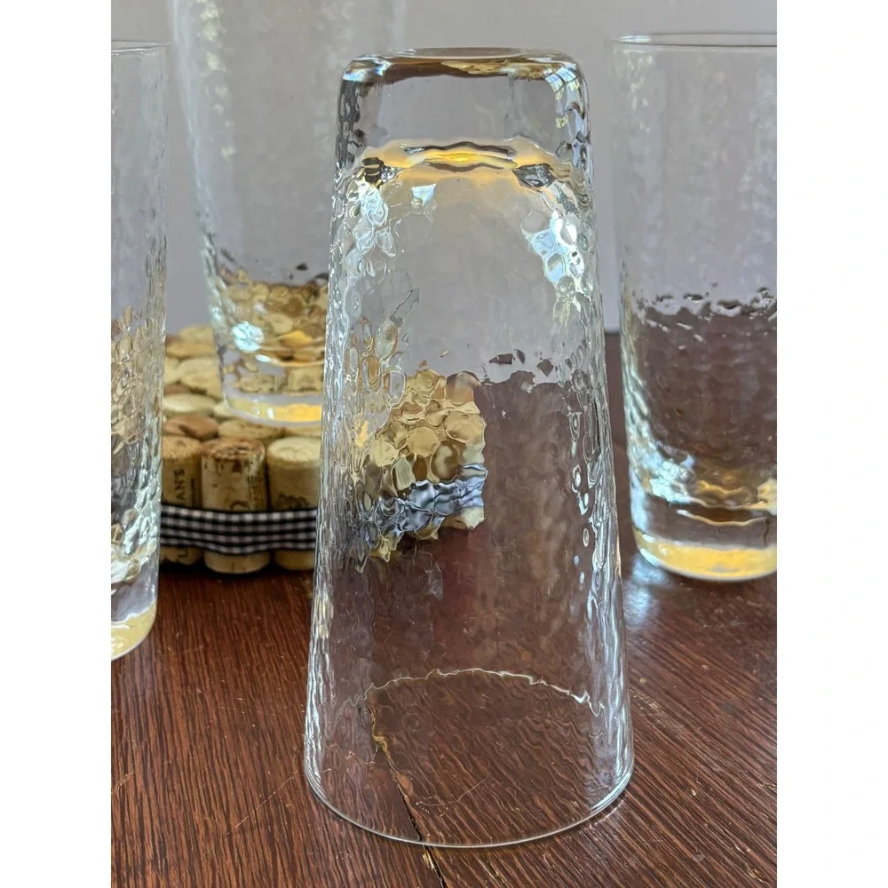 Set 4 Hammered Texture Clear Glass Highball Tumblers 6.25 Inch Iced Tea Glasses